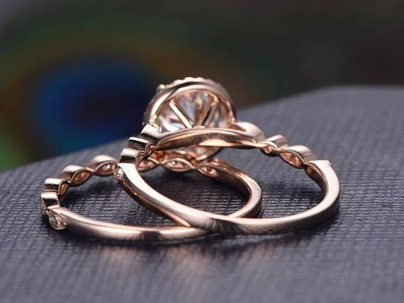 18K Rose Gold Plated Halo Moissanite Wedding Ring Set V2830