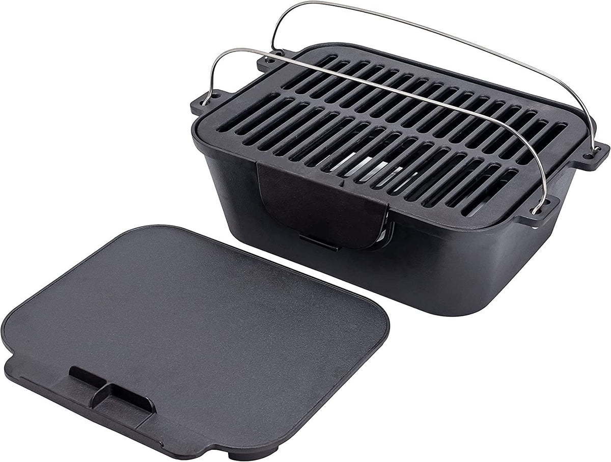 Pre-Seasoned Portable Cast Iron Charcoal Rectangle BBQ Grill, 14" x 12" Grilling Surface X932