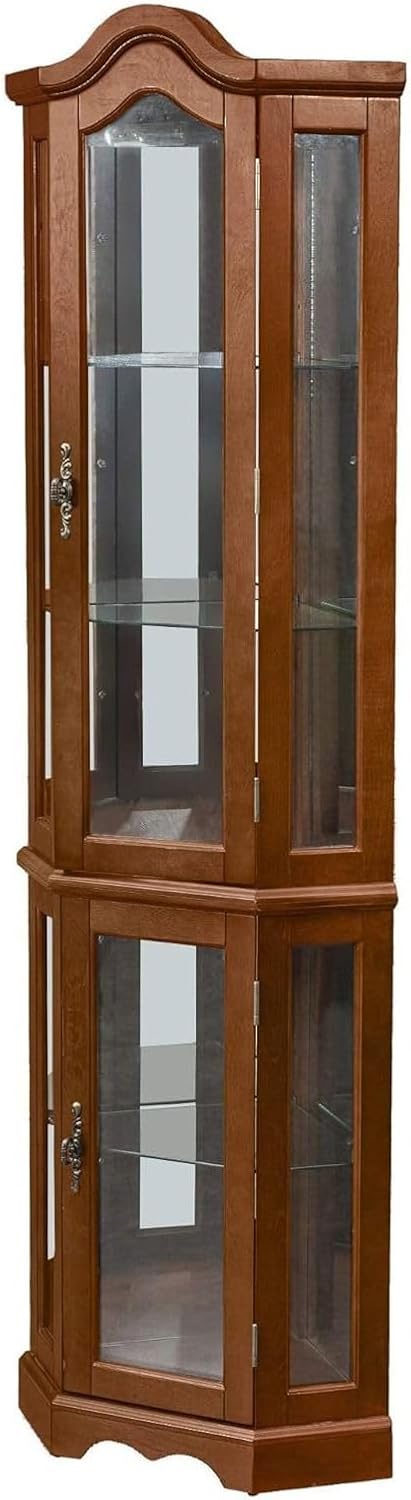 Walnut Corner Curio Cabinet with Glass Doors and Shelves Q2536