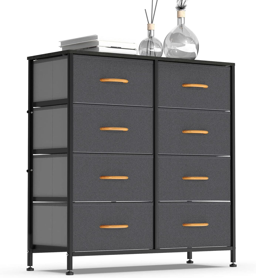 Vertical Dresser Storage Tower, Steel Frame, Wood Top, Fabric Bins, 8 Drawers, Dark Indigo Q155