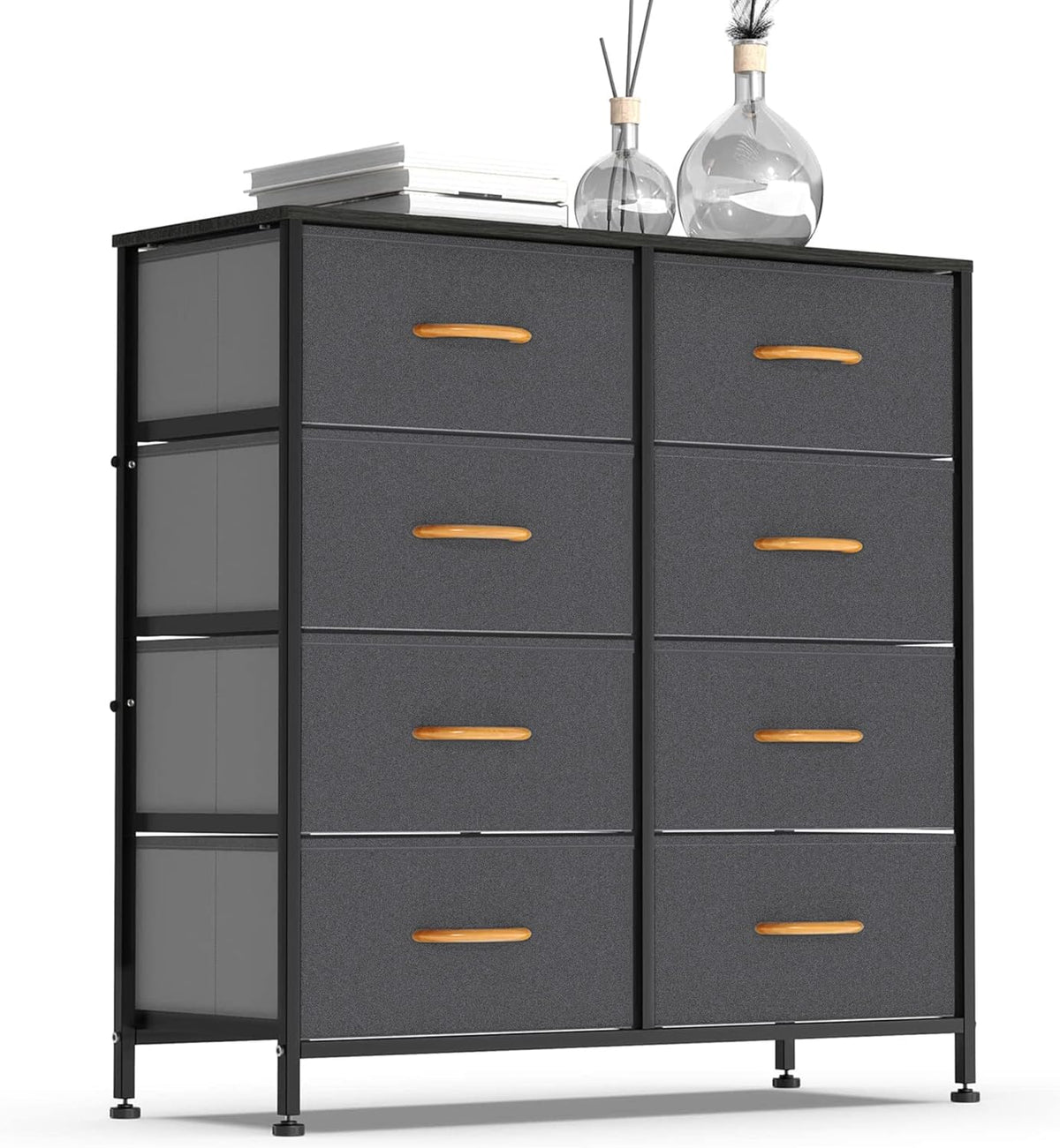 Vertical Dresser Storage Tower, Steel Frame, Wood Top, Fabric Bins, 8 Drawers, Dark Indigo Q155