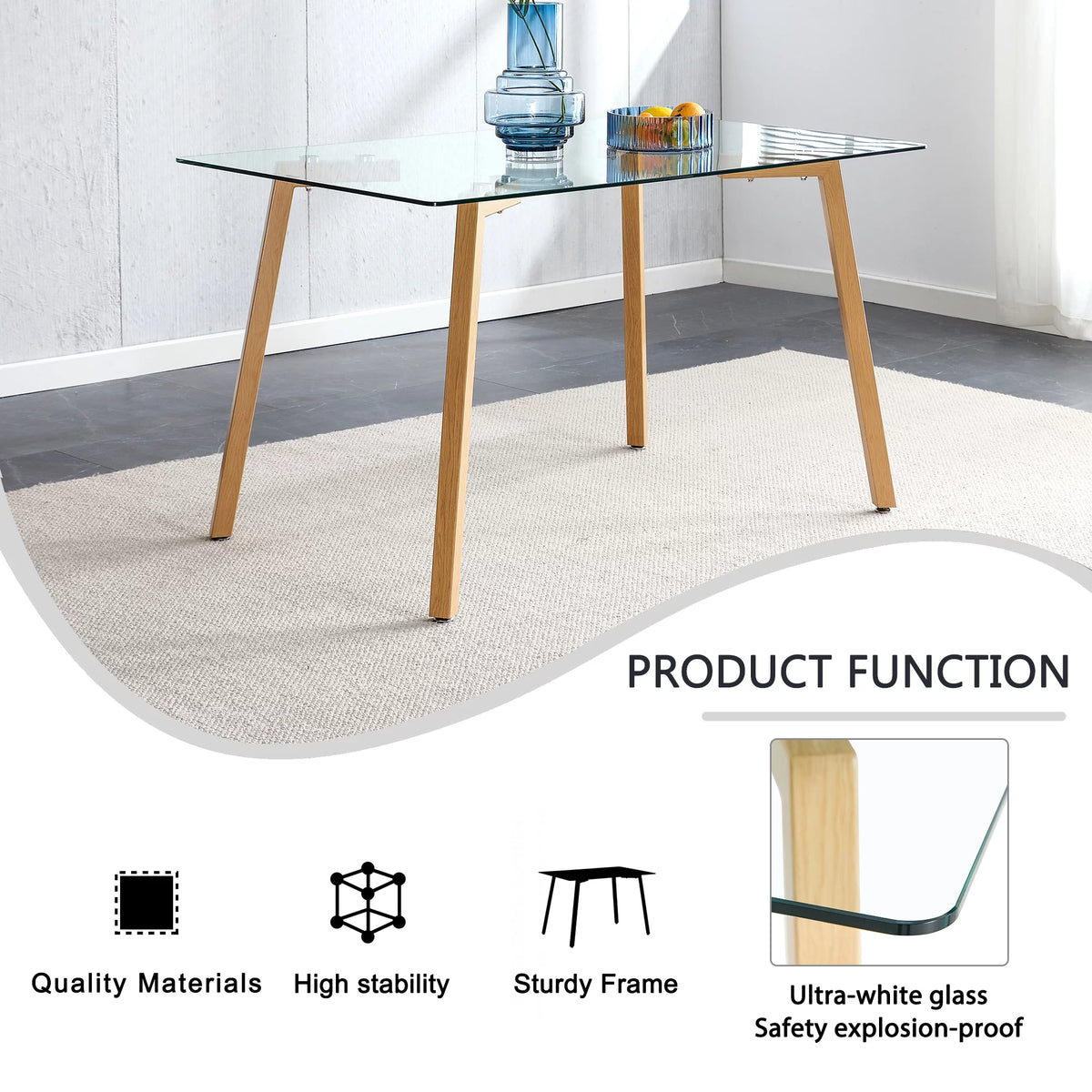 Glass Dining Table Rectangular with Tempered Glass Tabletop and Black Metal Legs T181