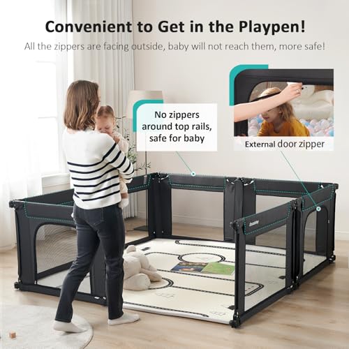 Black Adjustable Large Baby Playpen with Breathable Mesh E5636