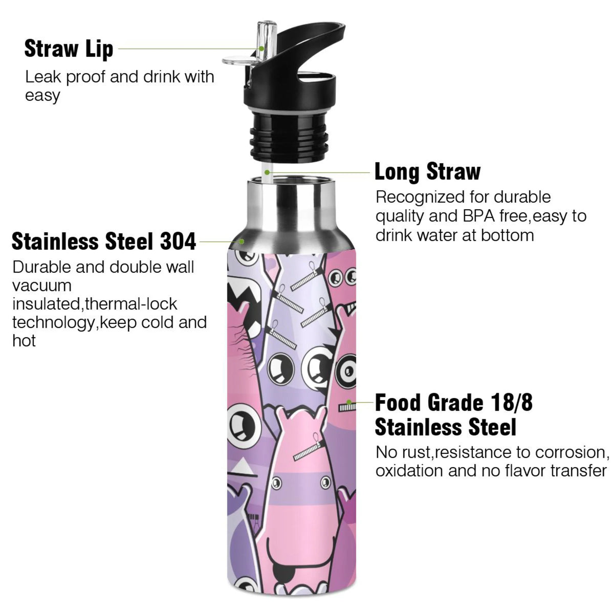 Stainless Steel Insulated Thermos Vacuum Flask Water Bottle with Straw Lid B8390