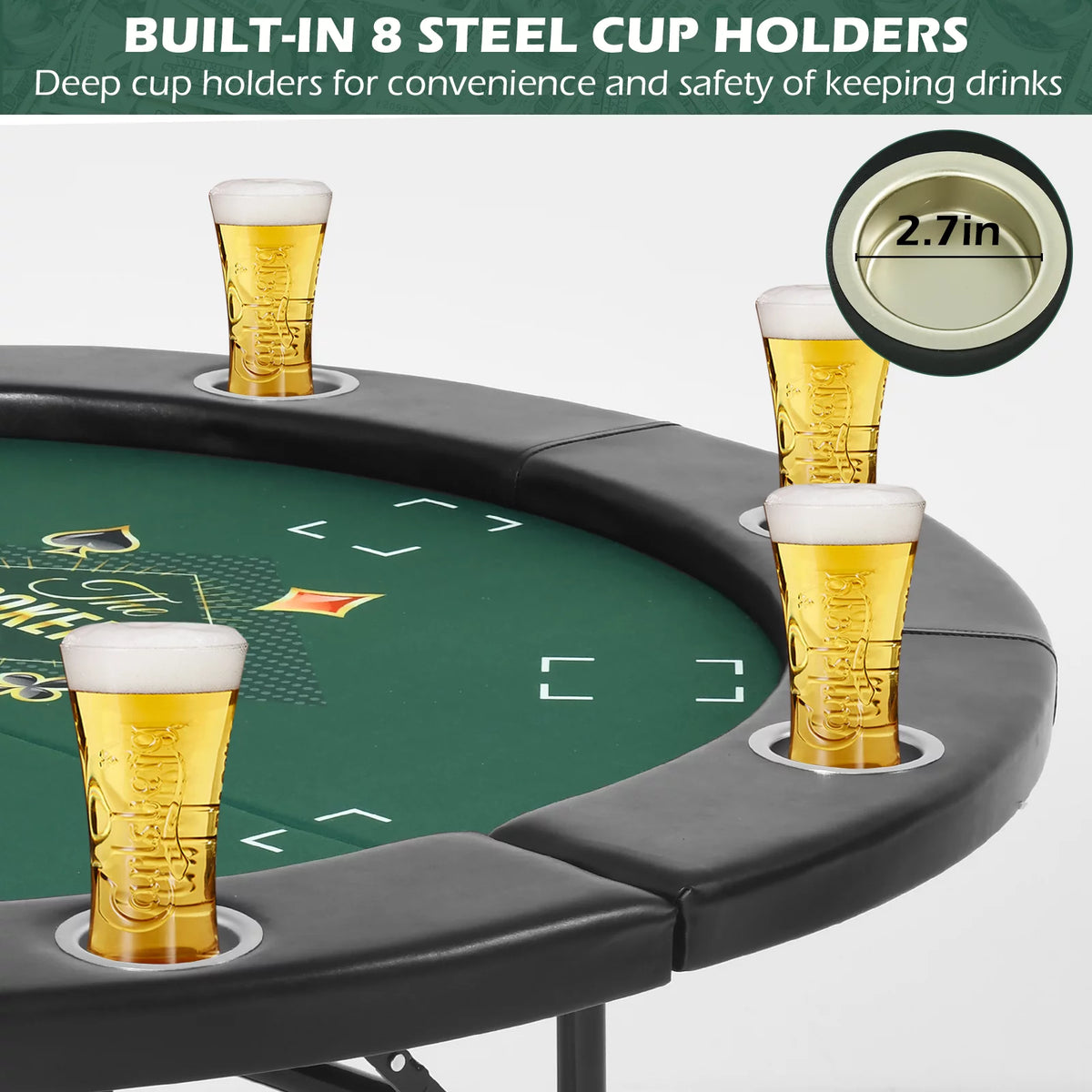 Round Poker Table Foldable 8 Players Stainless Steel Cup Holders Black 48 Inch Z7410