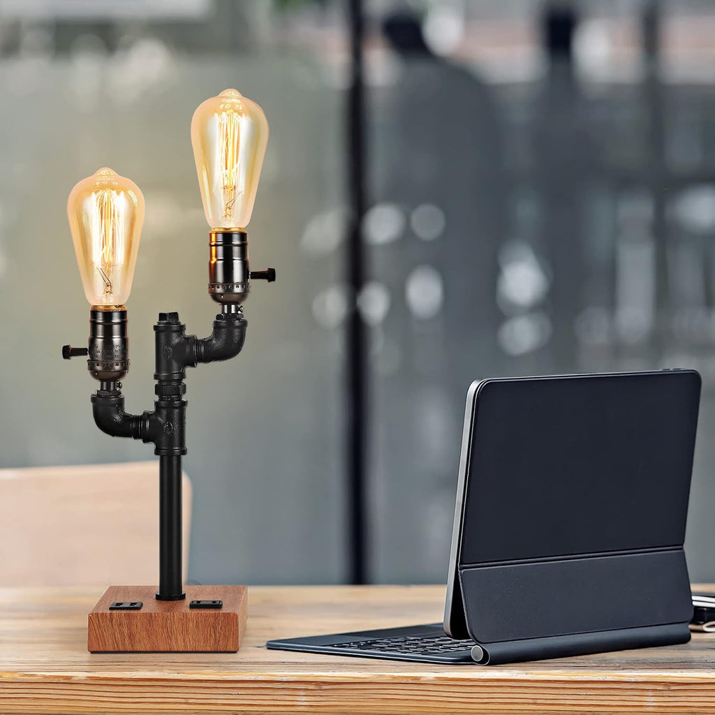 Industrial Table Lamp with 2 USB Ports AC Outlet Wood Base D7394
