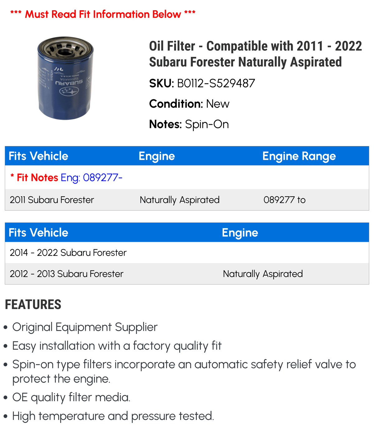 Compatible with 2011-2022 Subaru Forester Naturally Aspirated Filter A581416