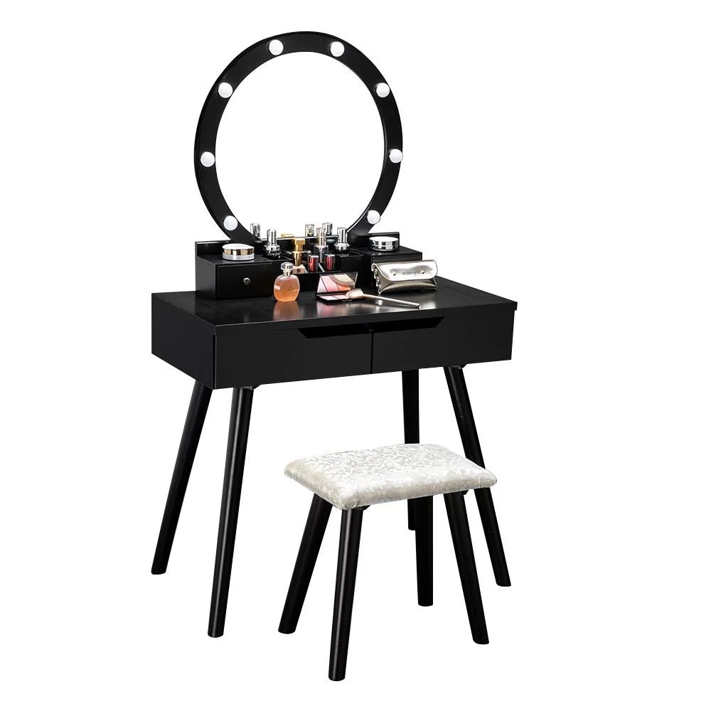Black Wooden Dressing Table with Lighted Mirror and Cushioned Stool L676