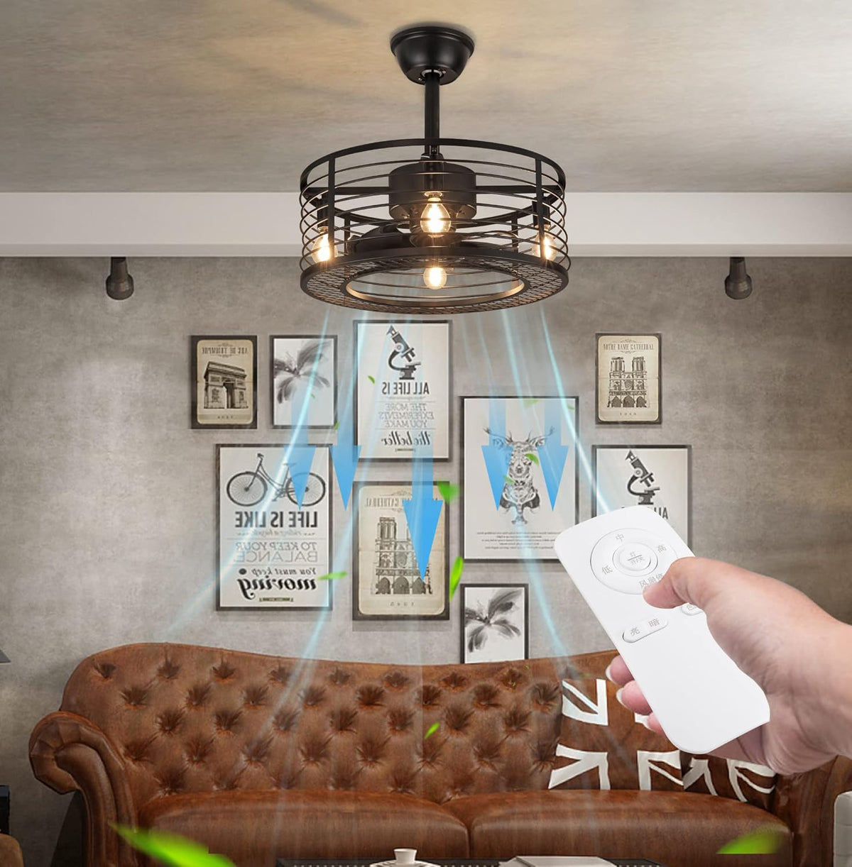Black Industrial Caged Ceiling Fan with Remote Control A53880