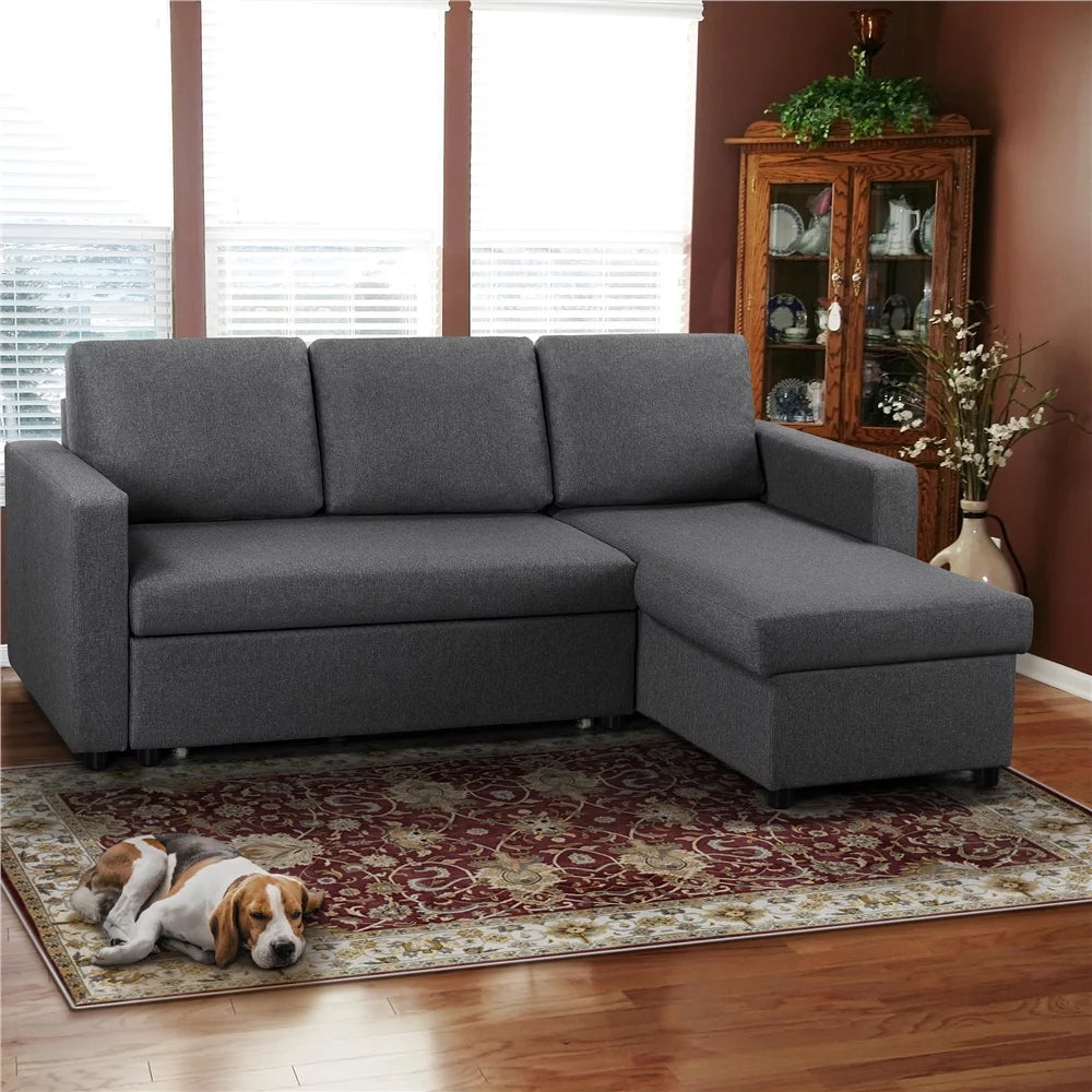 Light Gray Reversible Sleeper Sofa with Pull Out Bed and Storage Q39495