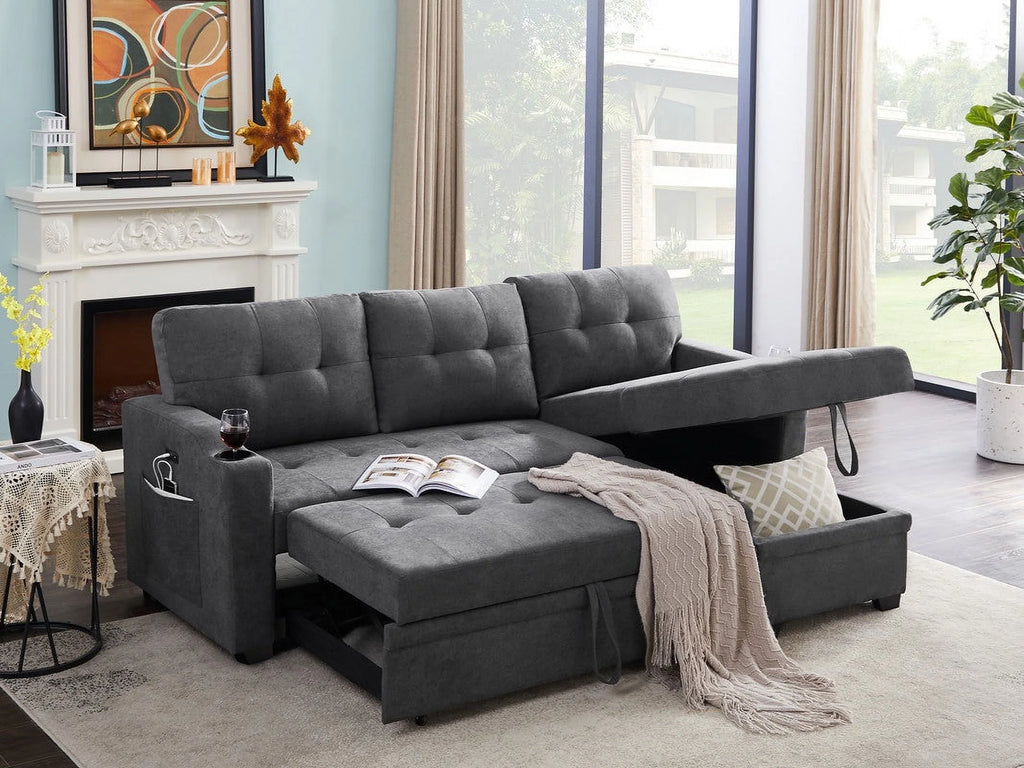 Dark Gray Woven Fabric Sleeper Sectional with Cupholder, USB Charging Port and Pocket F264