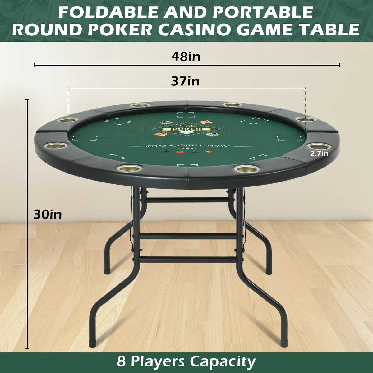Round Poker Table Foldable 8 Players Stainless Steel Cup Holders Black 48 Inch Z7410