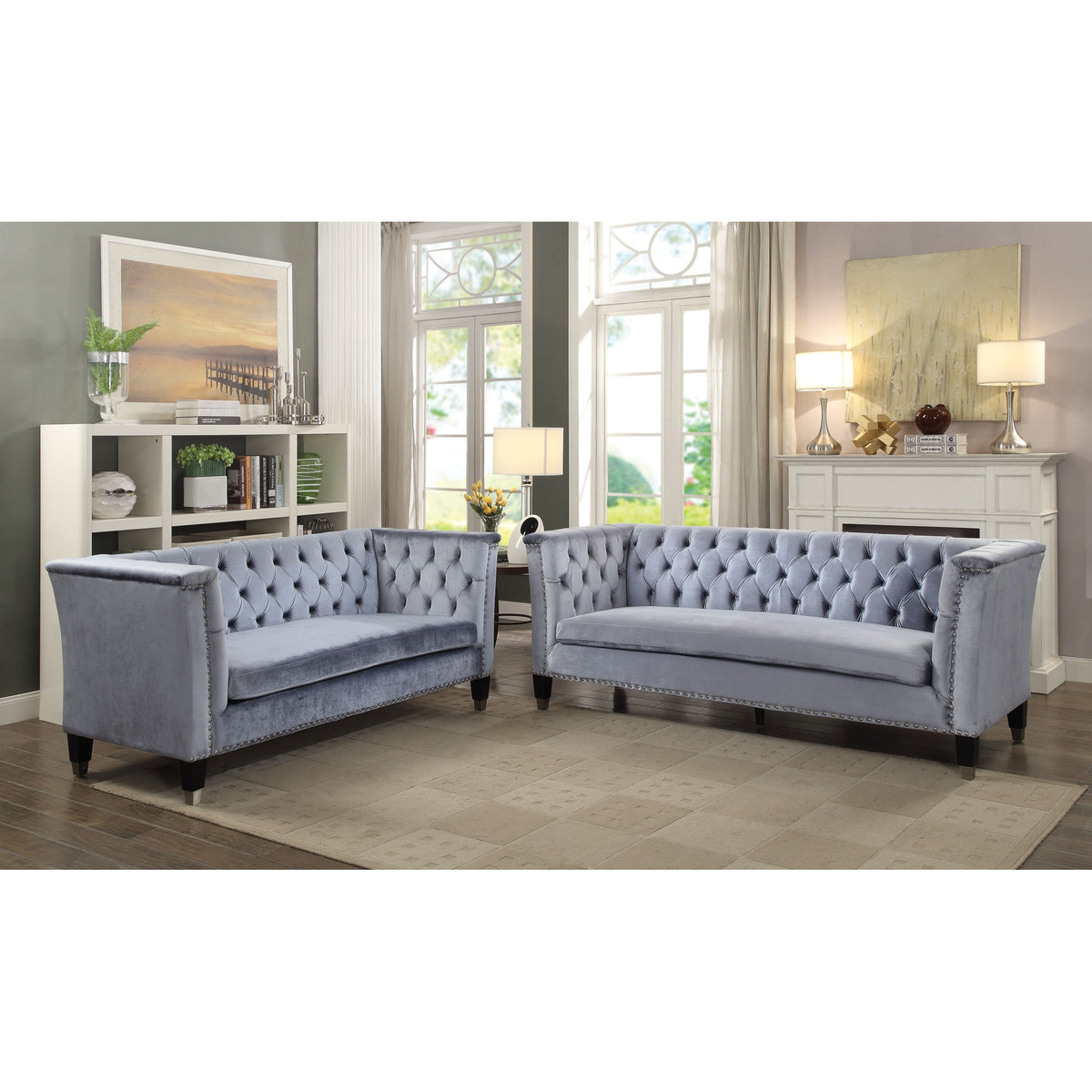Blue-Gray Velvet Sofa Y773347