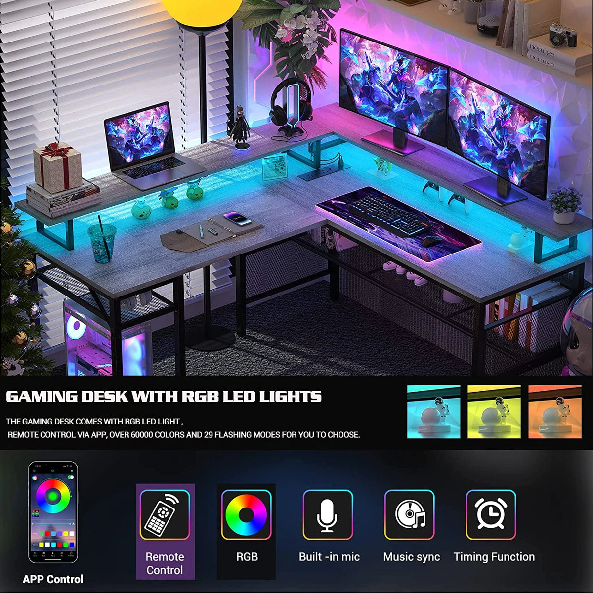 White Oak 55 inch L Shaped Desk with Power Outlets and LED Light G542872