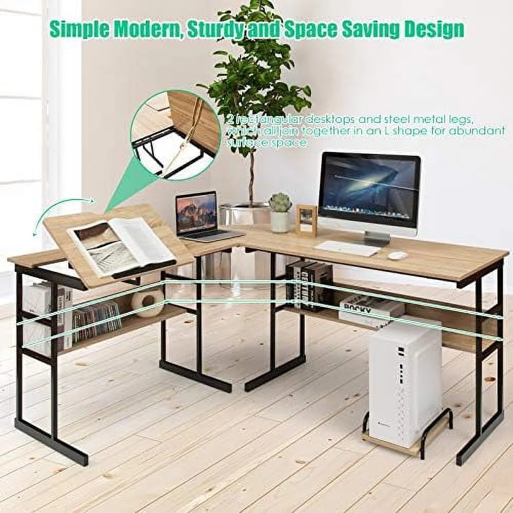 67 inches L-Shaped Corner Computer Desk with Bookshelves C732