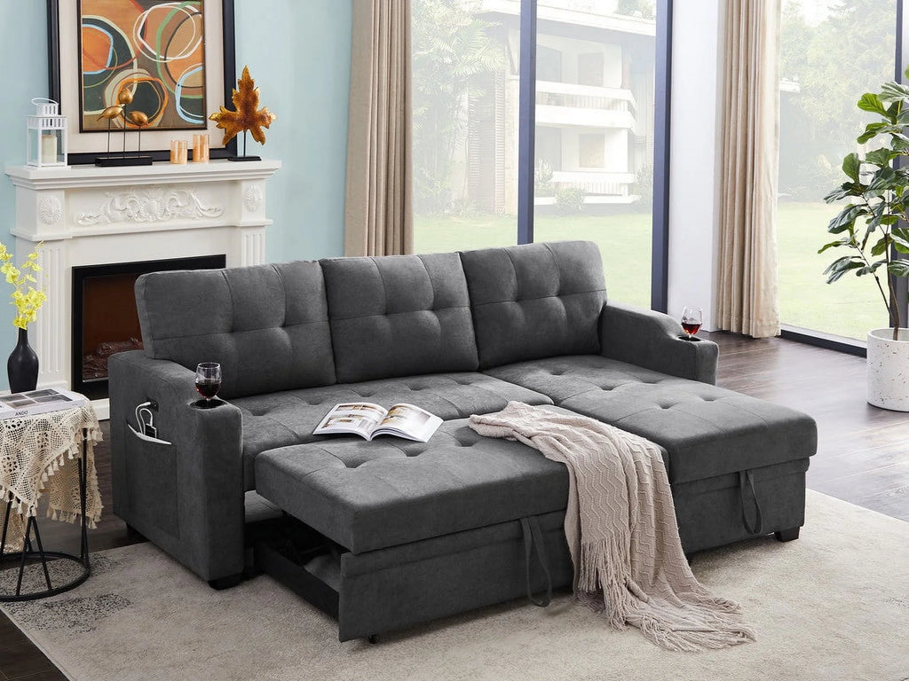 Dark Gray Woven Fabric Sleeper Sectional with Cupholder, USB Charging Port and Pocket F264