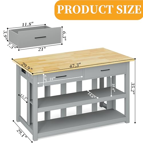 Solid Rubberwood Kitchen Island with Power Outlets, 2 Drawers & Open Shelves (Grey) G74630