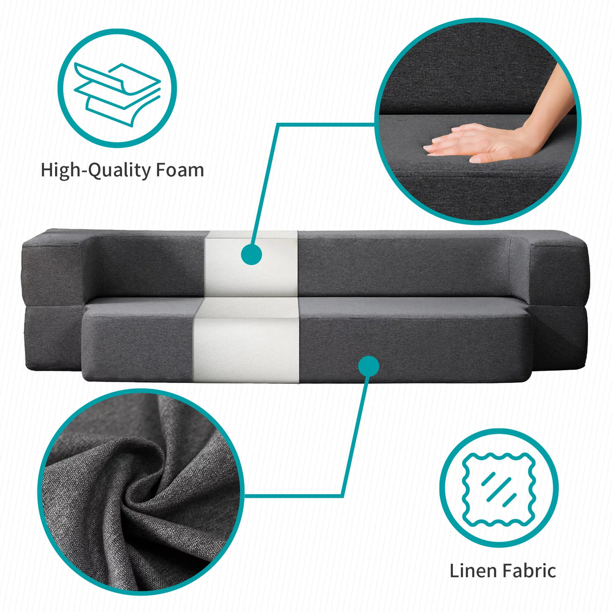 Folding Convertible Sleeper Sofa Bed Queen Memory Foam Dark Grey X256597