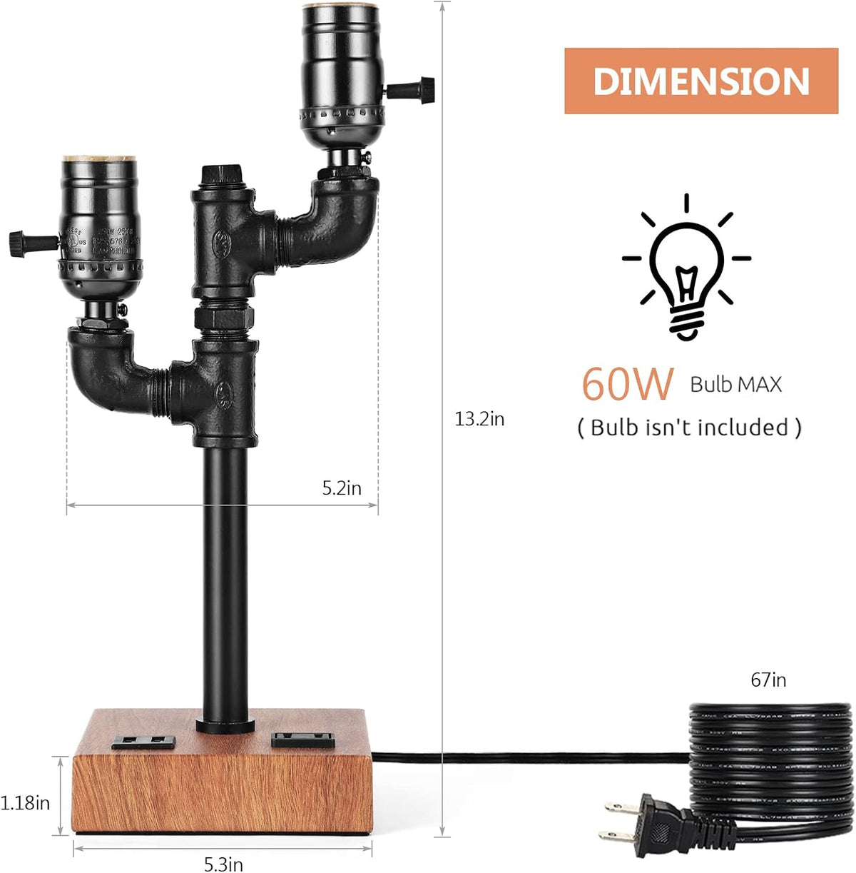 Industrial Table Lamp with 2 USB Ports AC Outlet Wood Base D7394