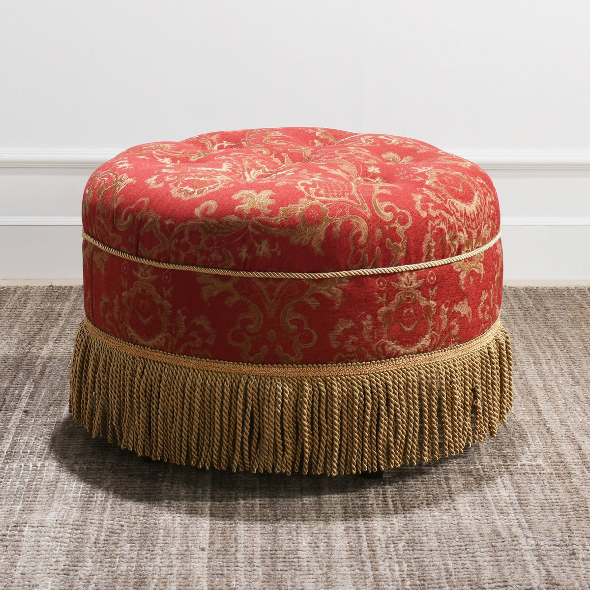 Red & Gold Jacquard Round Ottoman Footstool J684