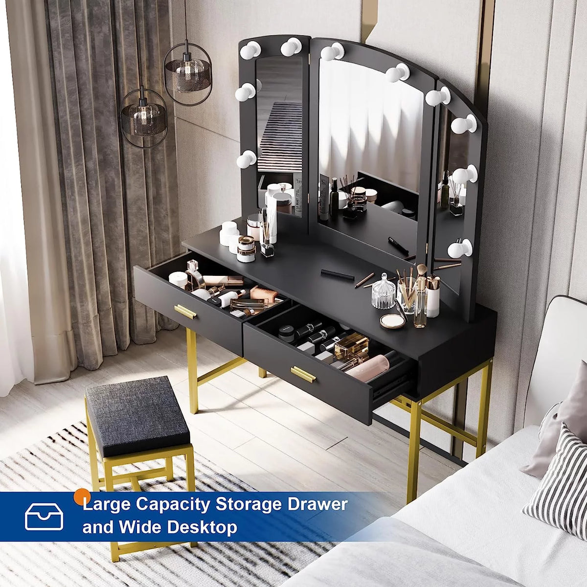 Vanity Table with Lighted Mirror Black O777173