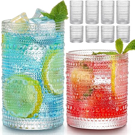 Vintage Hobnail Drinking Glasses Set of 8, 12 oz Highball & 10 oz Cocktail Glasses E777526