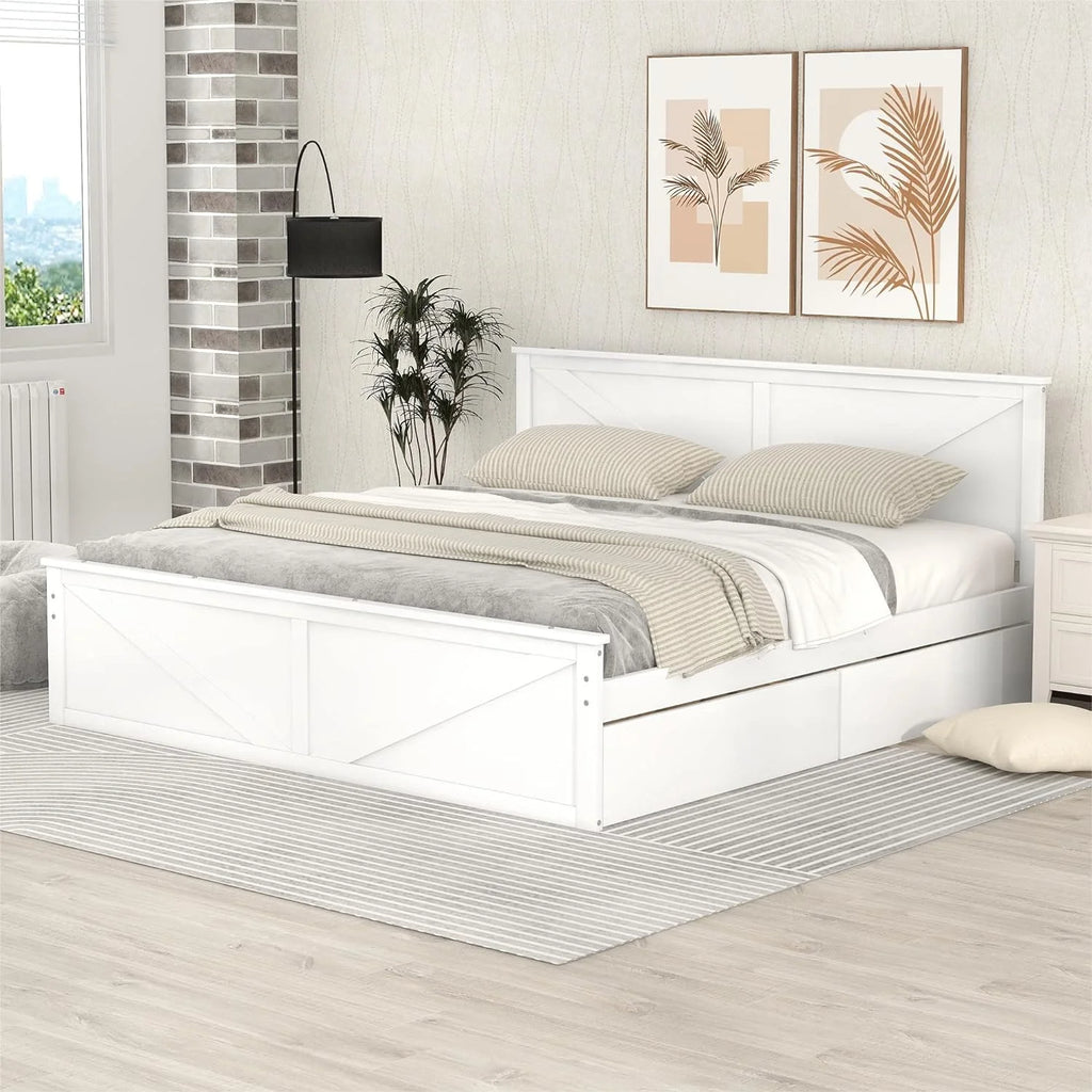 White Wood Platform Bed Frame with 4 Storage Drawers U6498