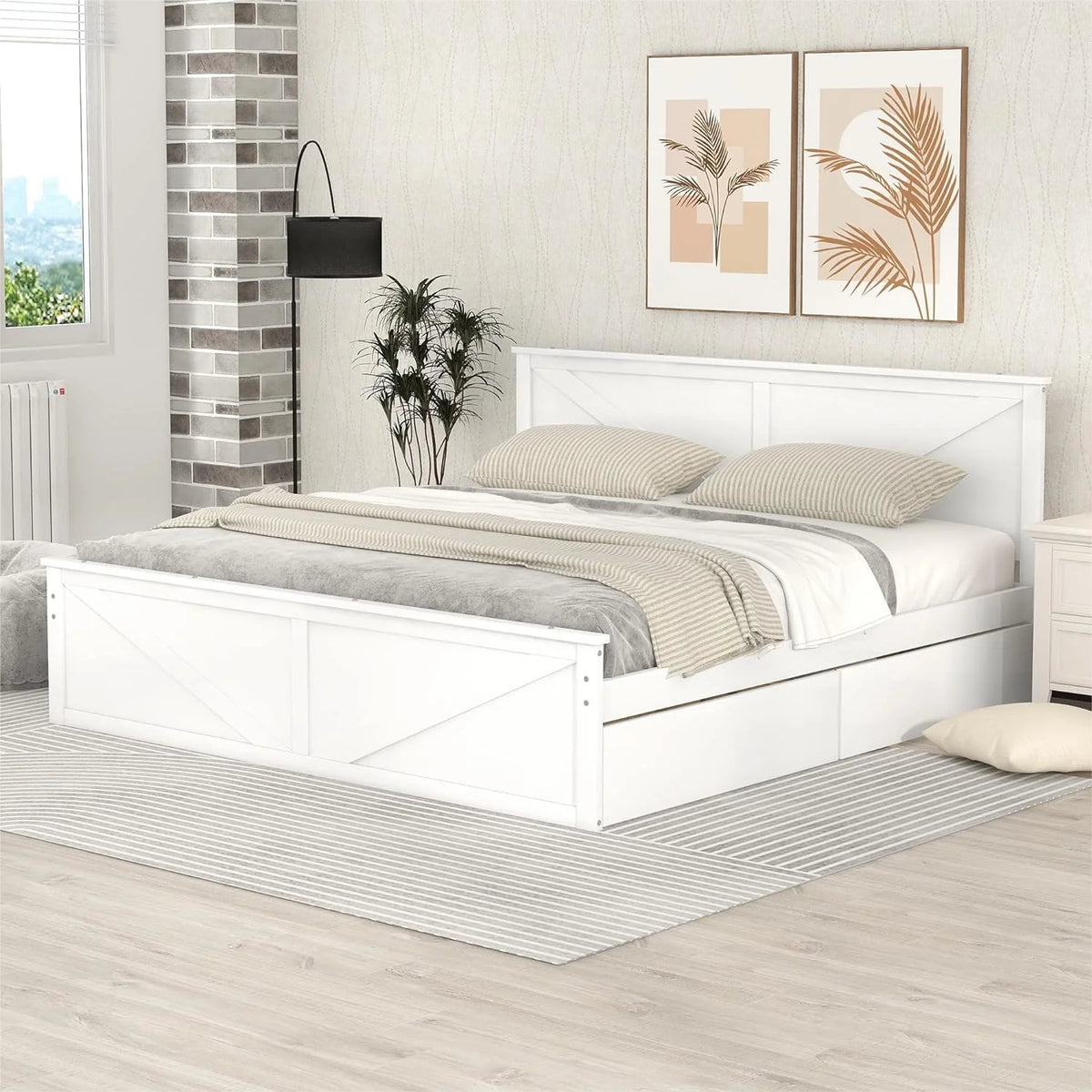 White Wood Platform Bed Frame with 4 Storage Drawers U6498