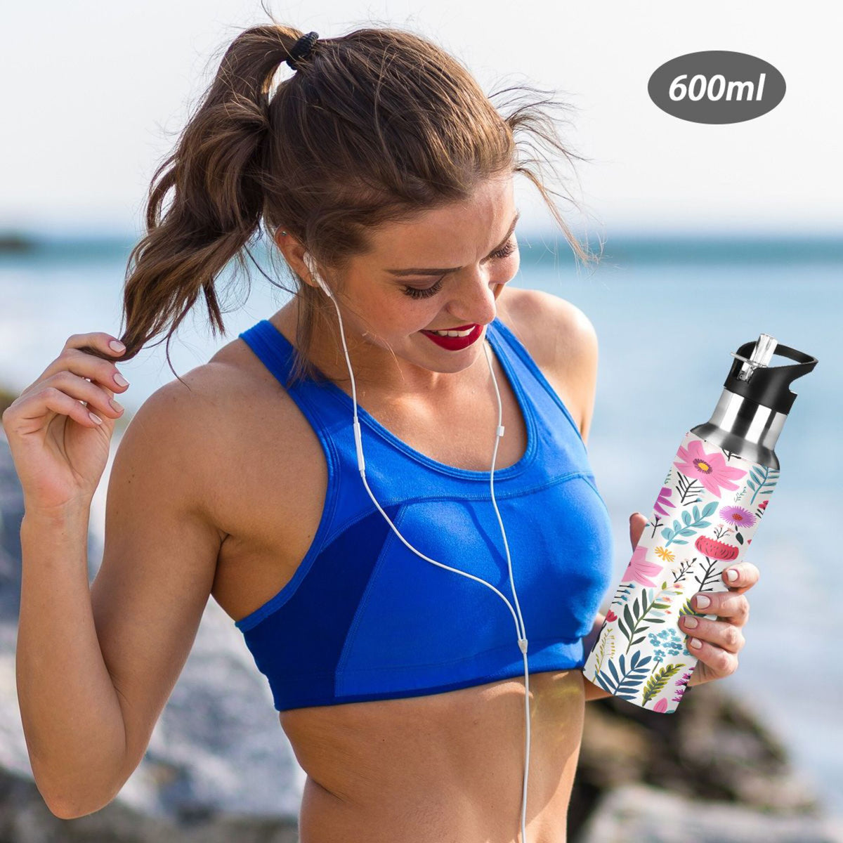 Pink Blue Flowers Stainless Steel Insulated Water Bottle with Straw Lid S540543