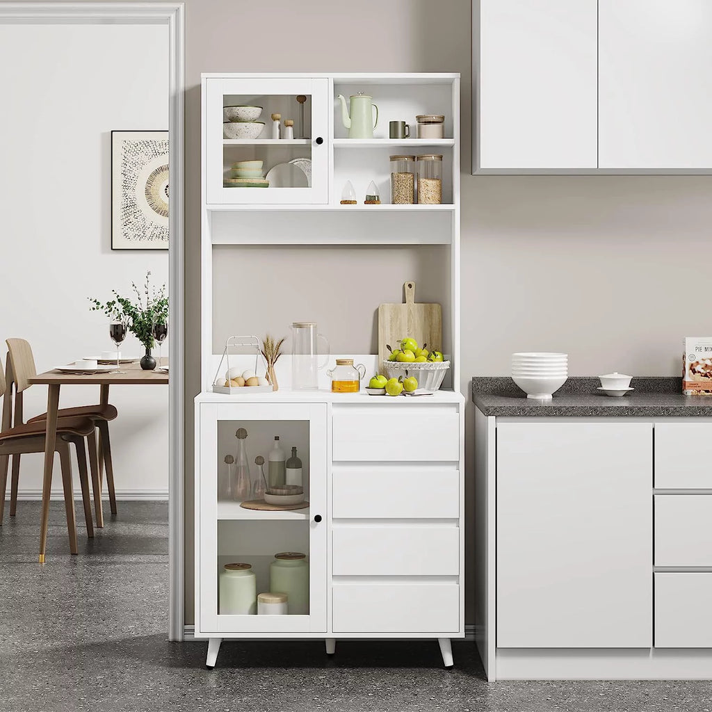 White Kitchen Pantry Cabinet with Countertop and Glass Doors C6622