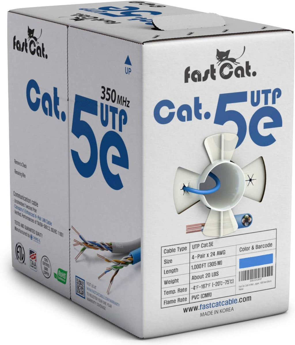Cat5e Ethernet Cable 1000ft 24 AWG Bare Copper Blue Z583433