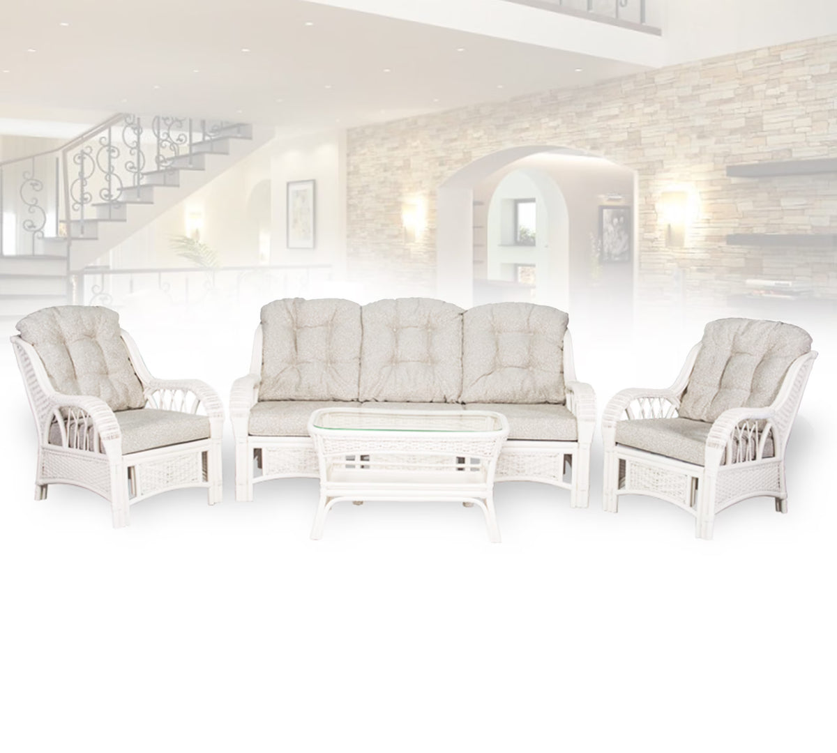 Rattan Wicker Living Room Set 4 Pieces: 2 Lounge Chair ThreeSeater/Sofa Coffee Table White Color with Cushion V807