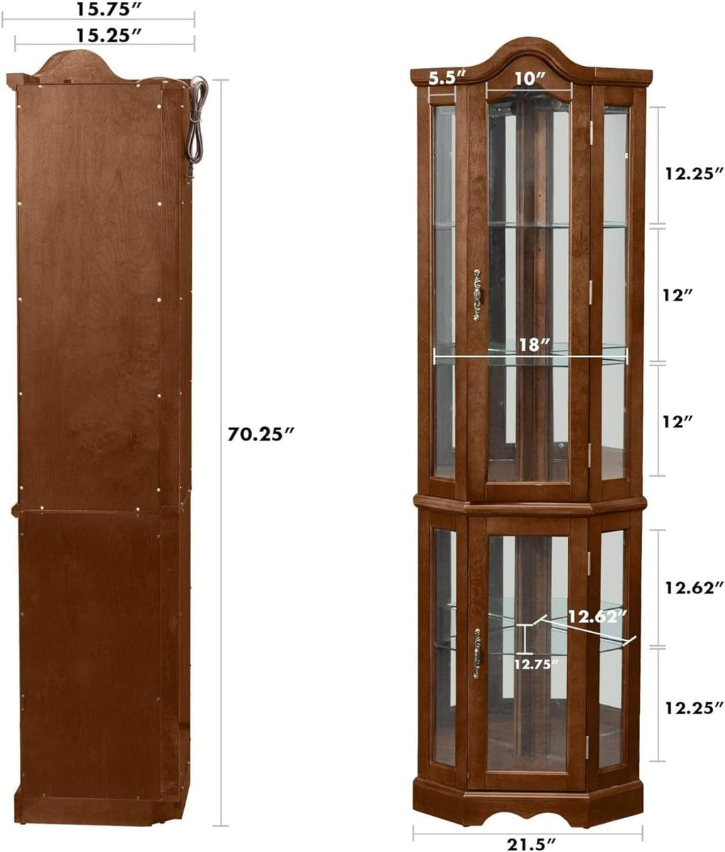 Walnut Corner Curio Cabinet with Glass Doors and Shelves Q2536