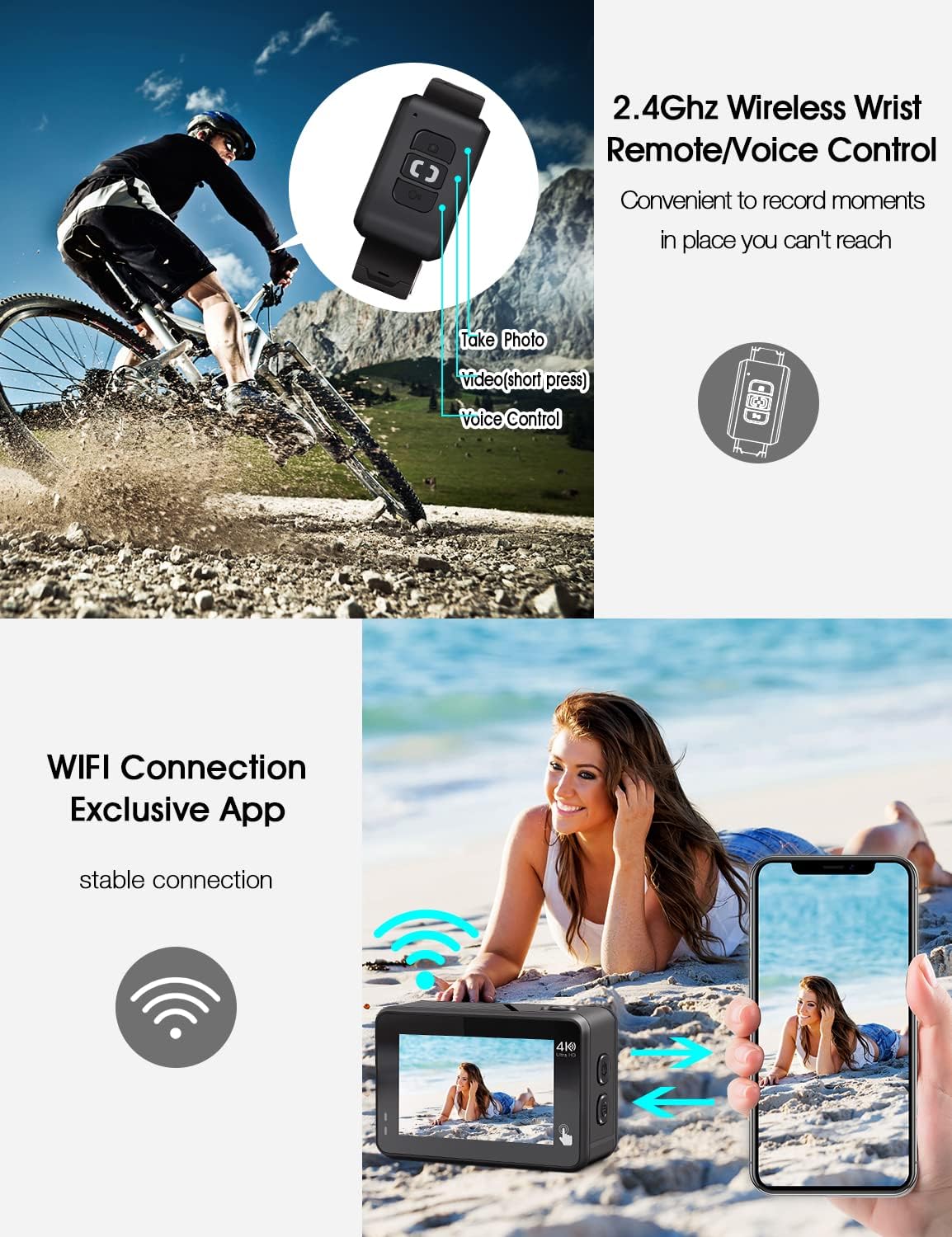 4K 60FPS Action Camera with Stabilization, 20MP WiFi Dual Screen Voice Remote Control 2 Batteries C460