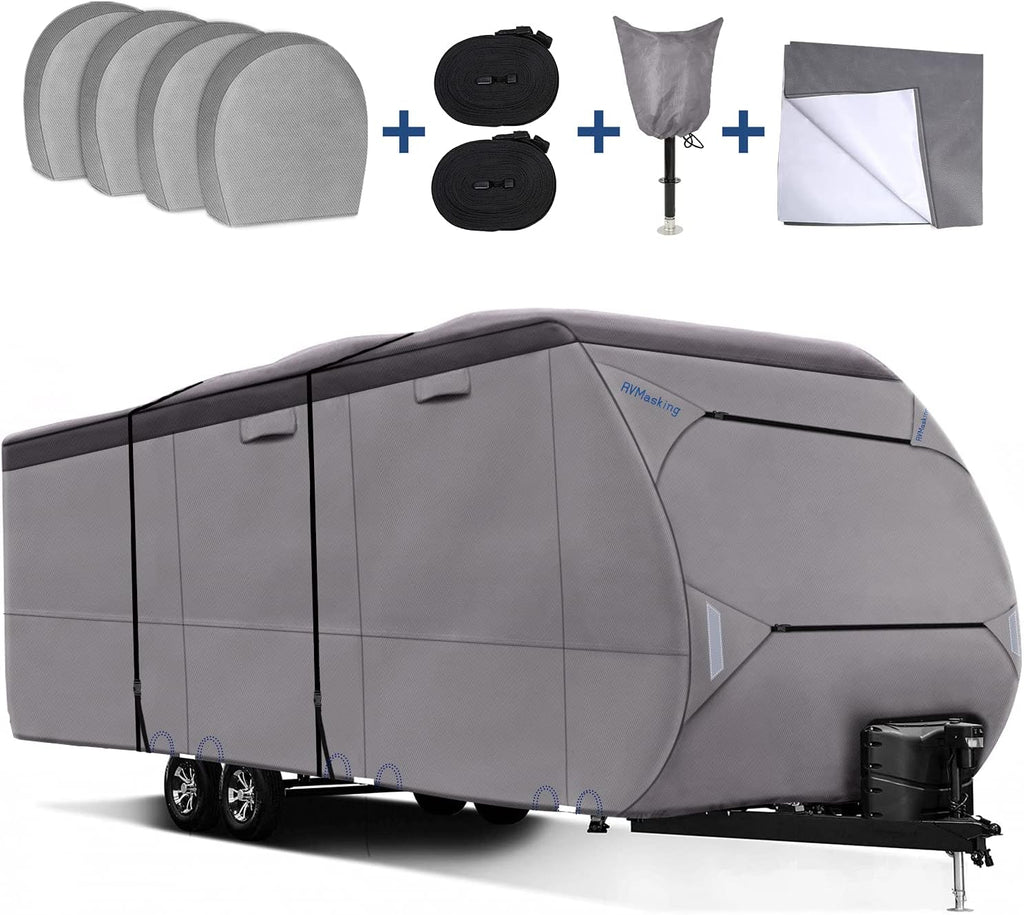 Waterproof 500D Travel Trailer Cover with 4 Tire Covers, Tongue Jack Cover P7122