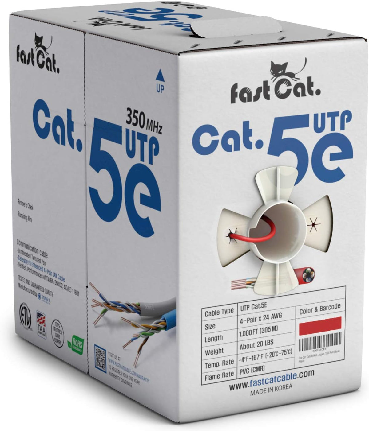 Cat5e Ethernet Cable 1000ft 24 AWG Bare Copper Blue Z583433