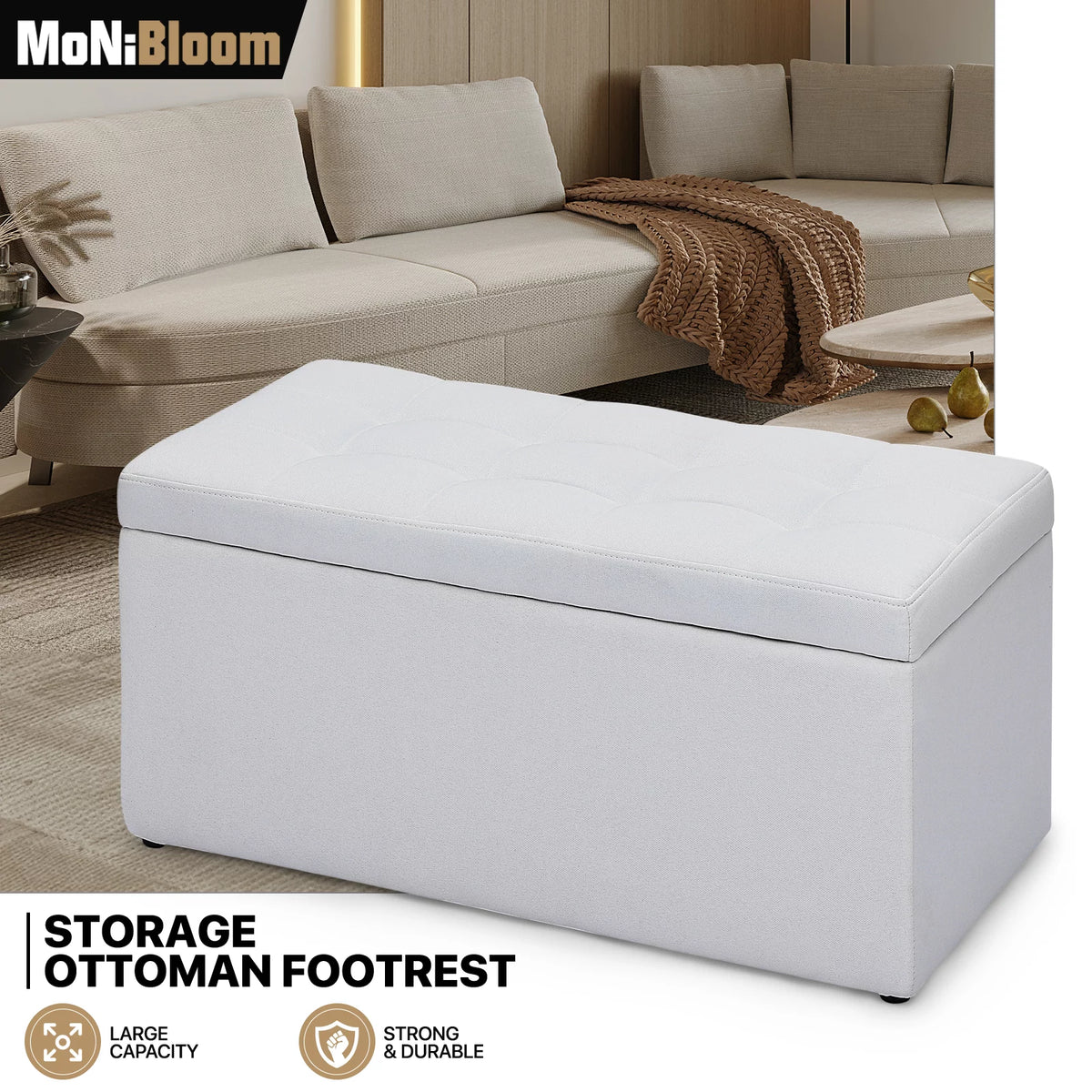 31" White Microfiber Storage Ottoman V310581