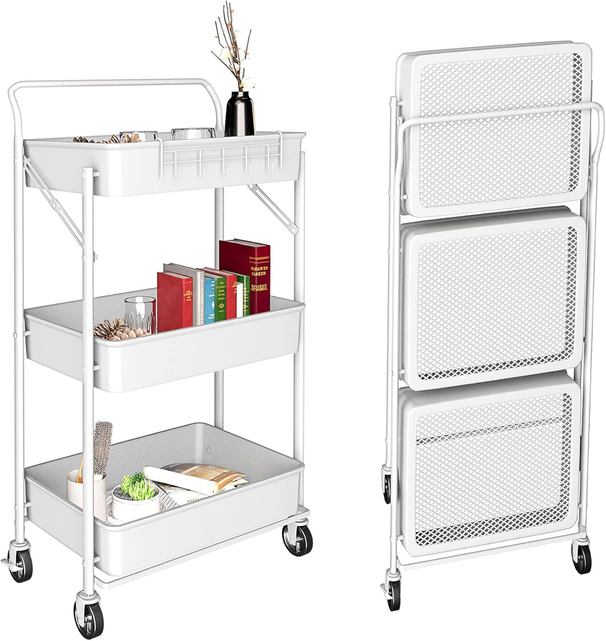 White 3 Tier Foldable Metal Rolling Cart with Wheels C1143