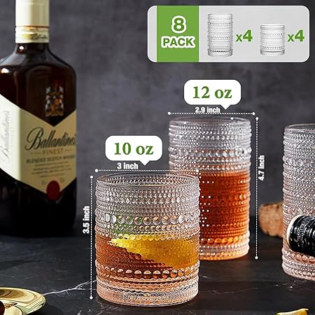 Vintage Hobnail Drinking Glasses Set of 8, 12 oz Highball & 10 oz Cocktail Glasses E777526