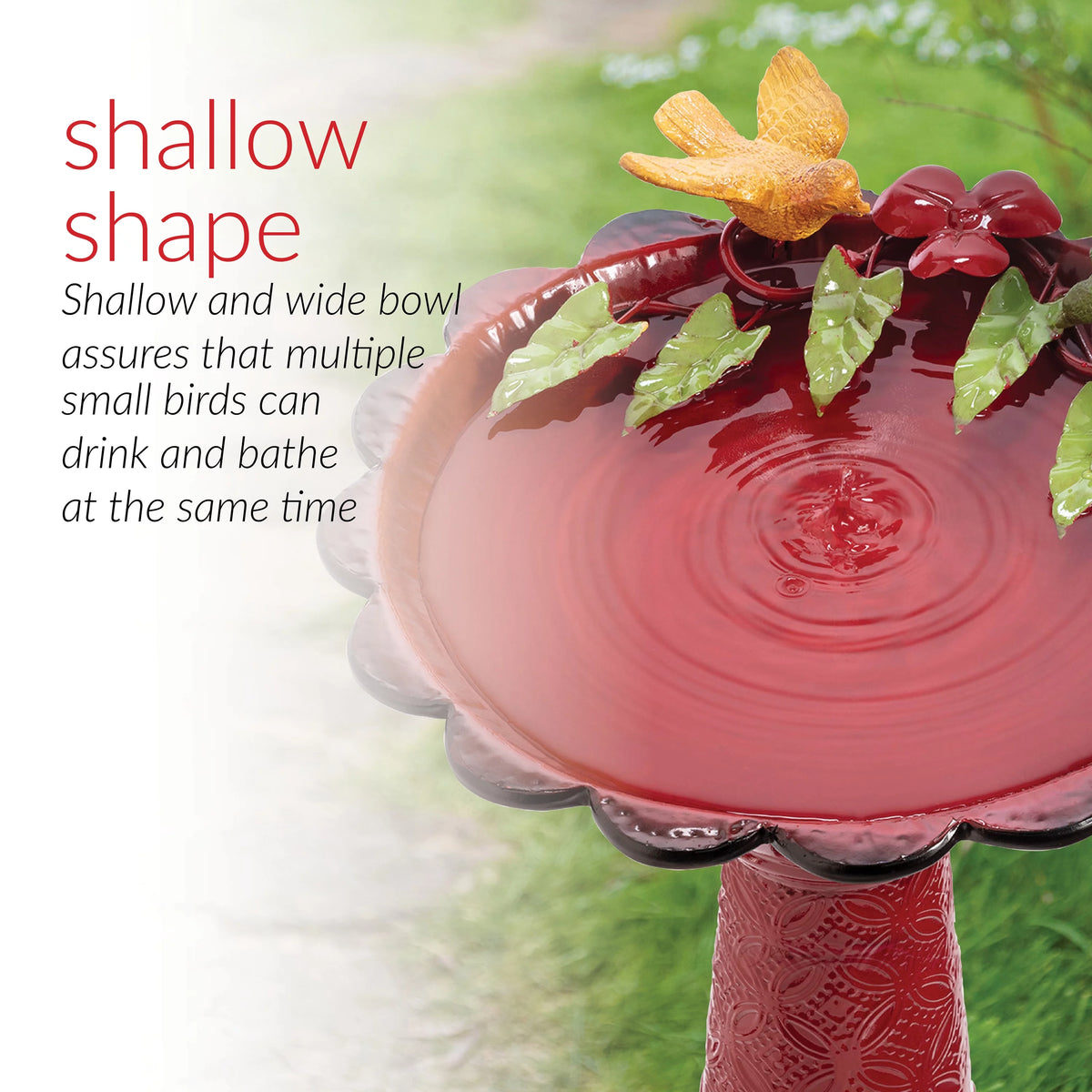 28-Inch Metal Bird Bath with Birds and Leaves, Red N416780