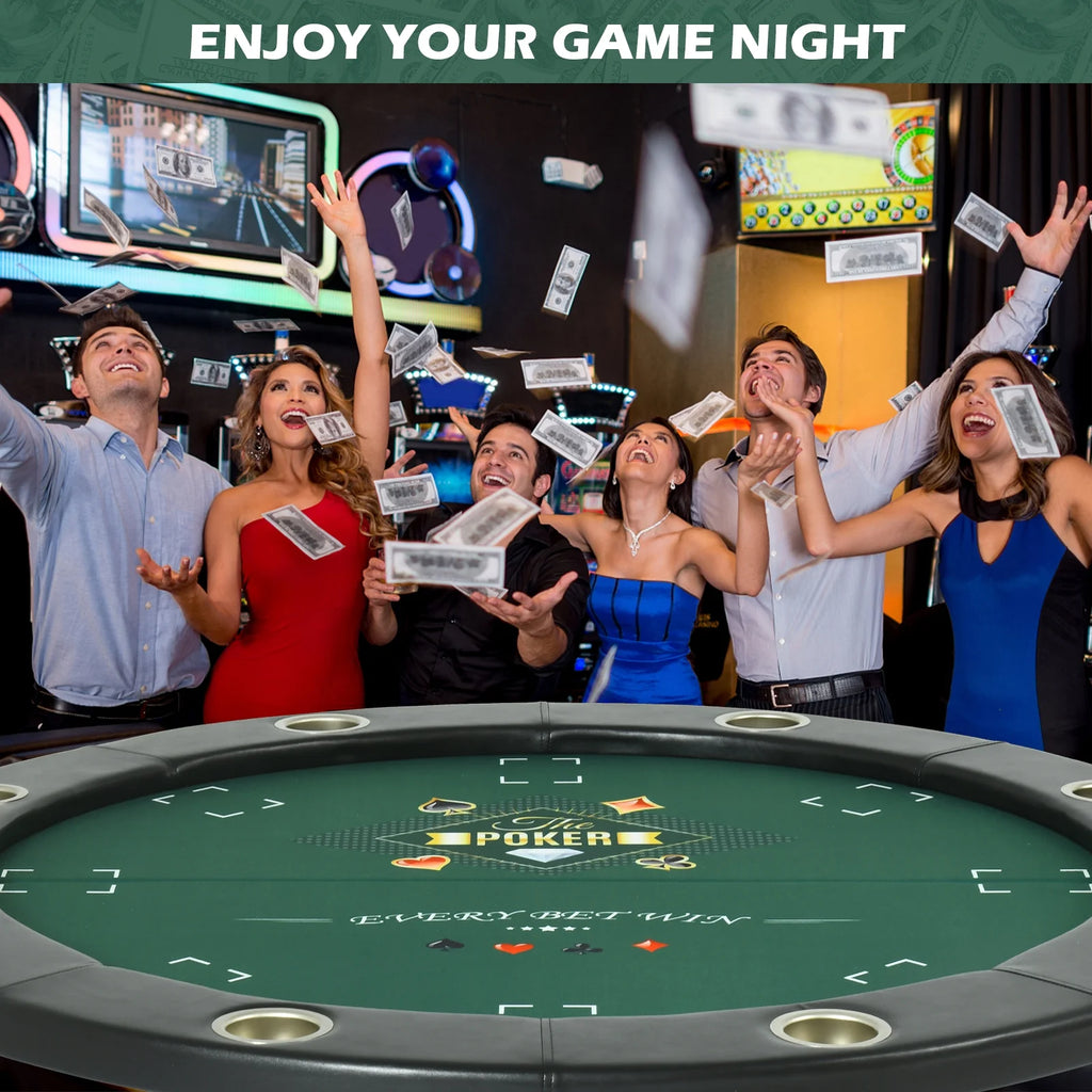 Round Poker Table Foldable 8 Players Stainless Steel Cup Holders Black 48 Inch Z7410