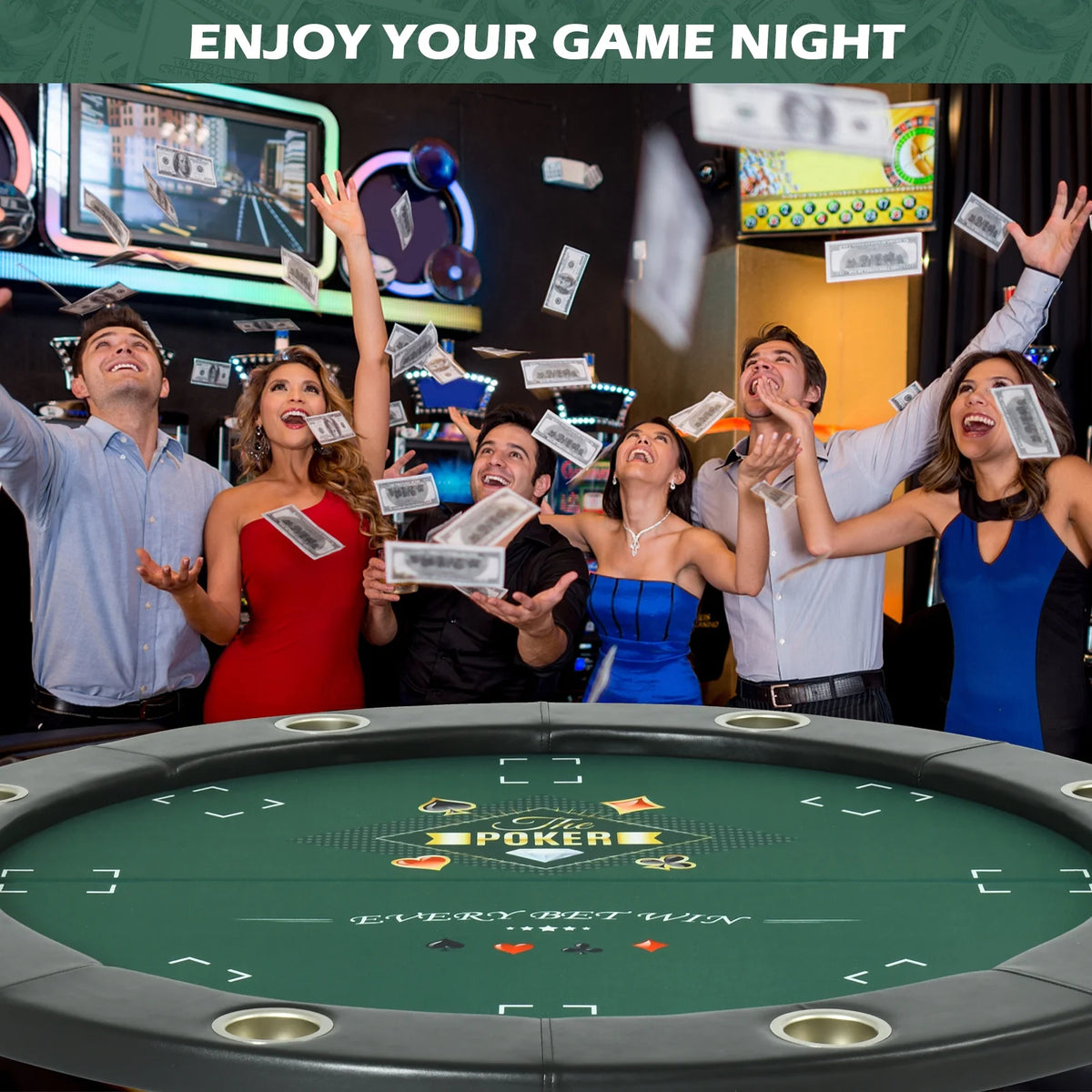 Round Poker Table Foldable 8 Players Stainless Steel Cup Holders Black 48 Inch Z7410