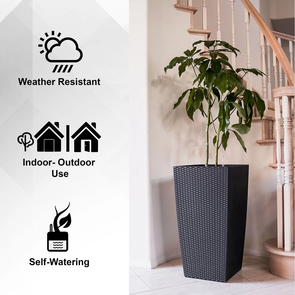30" Black Rattan Self Watering Square Planter Pot E773
