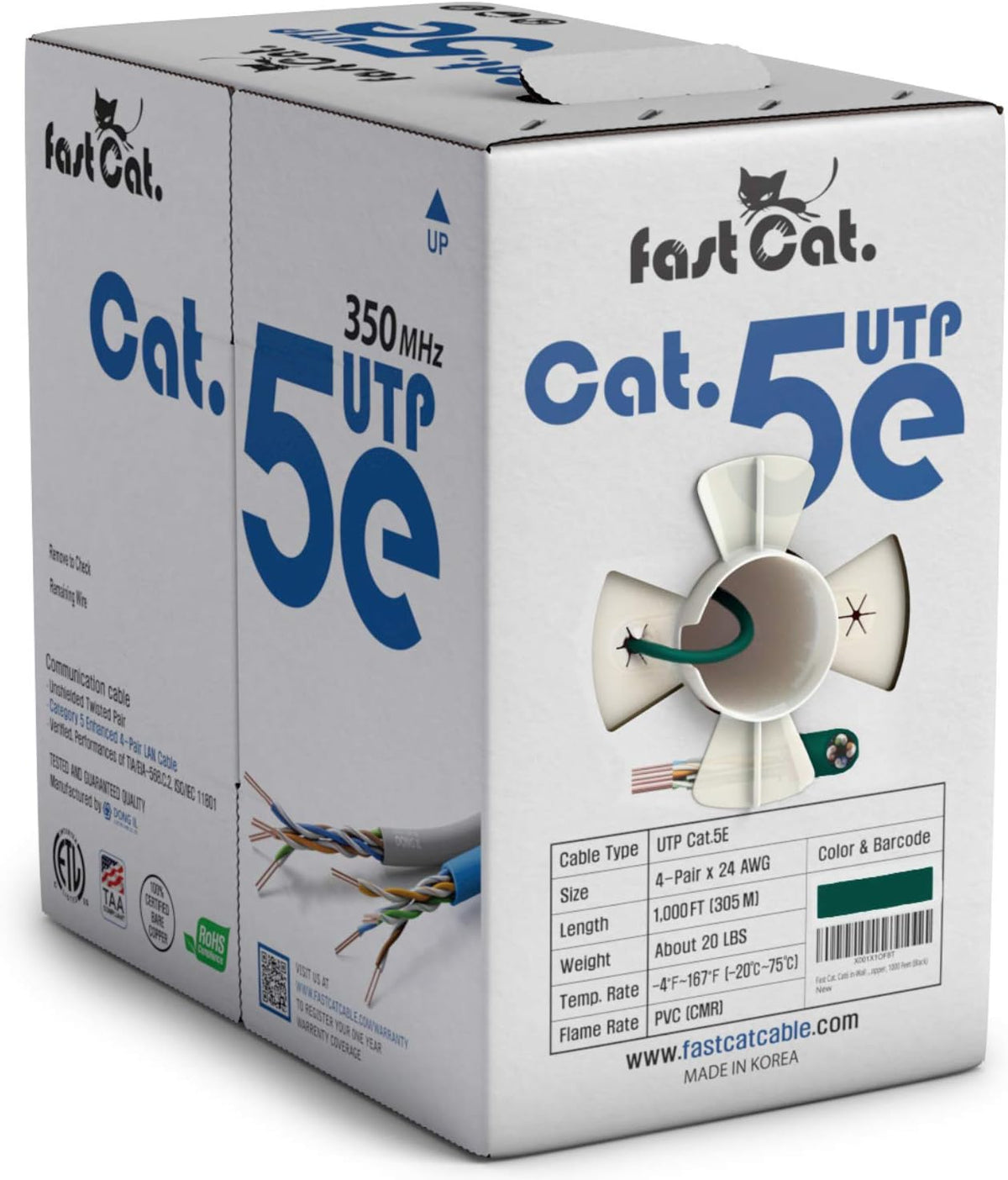 Cat5e Ethernet Cable 1000ft 24 AWG Bare Copper Blue Z583433