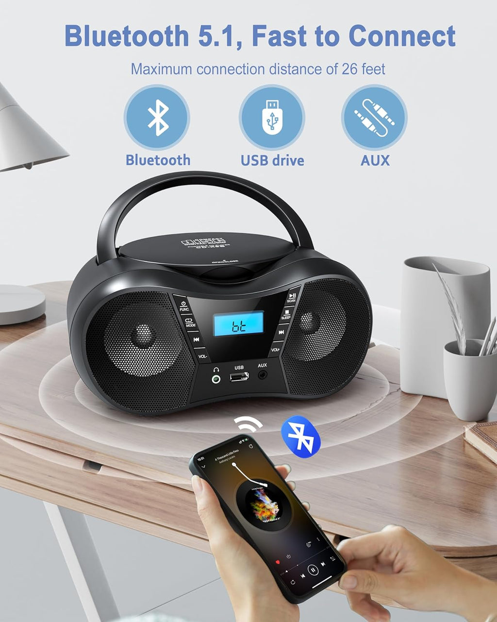 Portable CD Player Boombox with FM Radio, Bluetooth, LCD Display, USB/AUX Input, AC/Battery Powered W86219