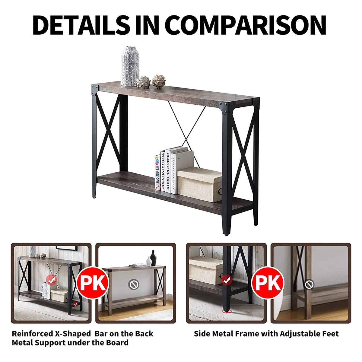 46 Inch 2-Tier Dark Rustic Oak Console Table Z3587