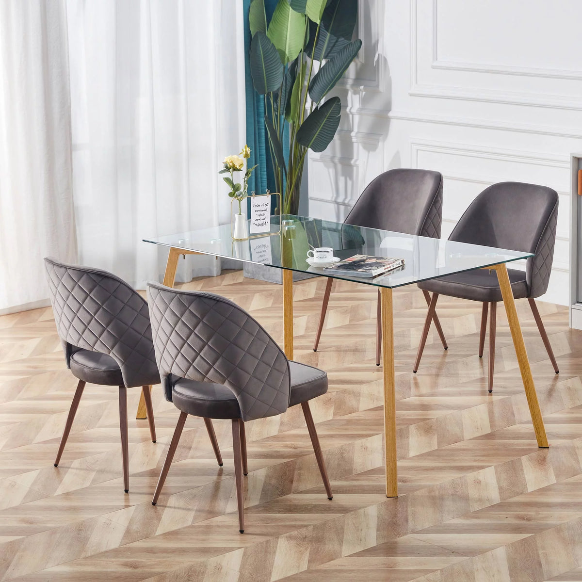 Glass Dining Table Rectangular with Tempered Glass Tabletop and Black Metal Legs T181