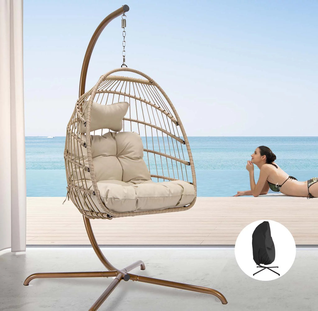 Foldable Brown PE Wicker Hanging Egg Chair with Stand K98788