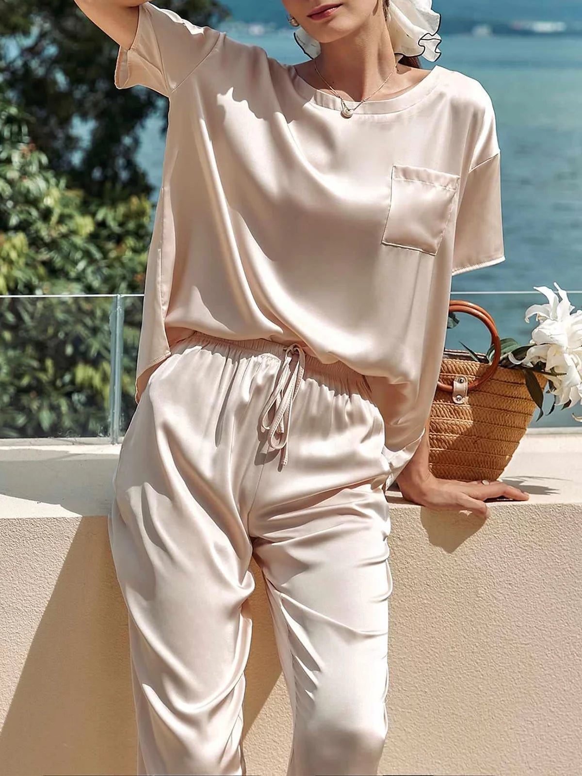Silk Satin Short Sleeve Long Pant Pajama Set Q28695