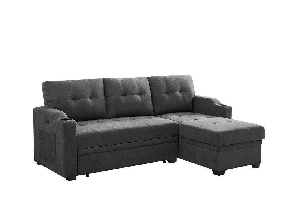 Dark Gray Woven Fabric Sleeper Sectional with Cupholder, USB Charging Port and Pocket F264